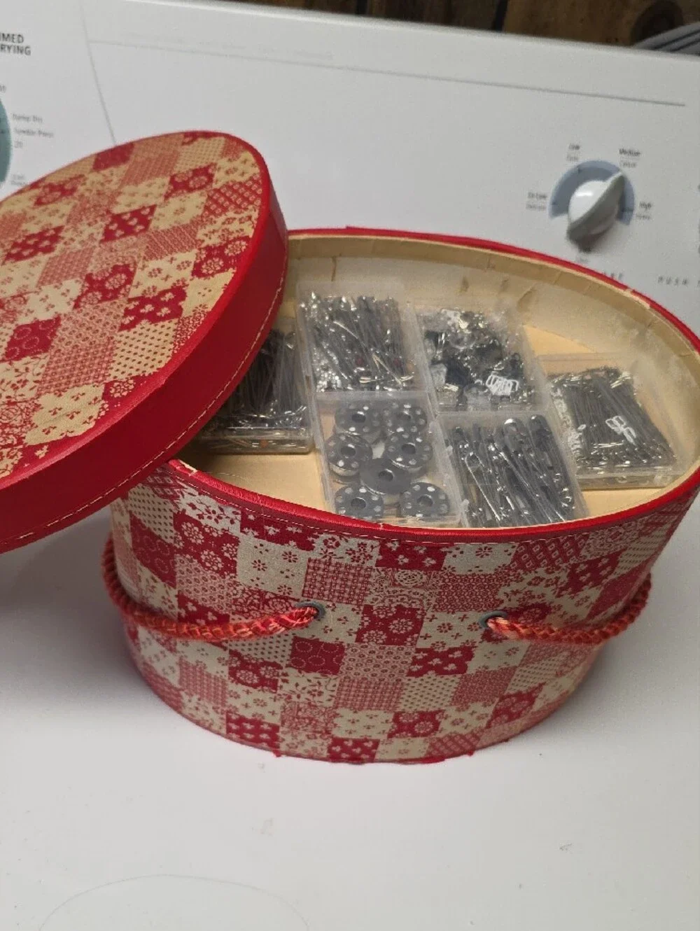 VINTAGE 50'S Large Sewing Container, Box, Storage Red Patchwork with Rope Handle